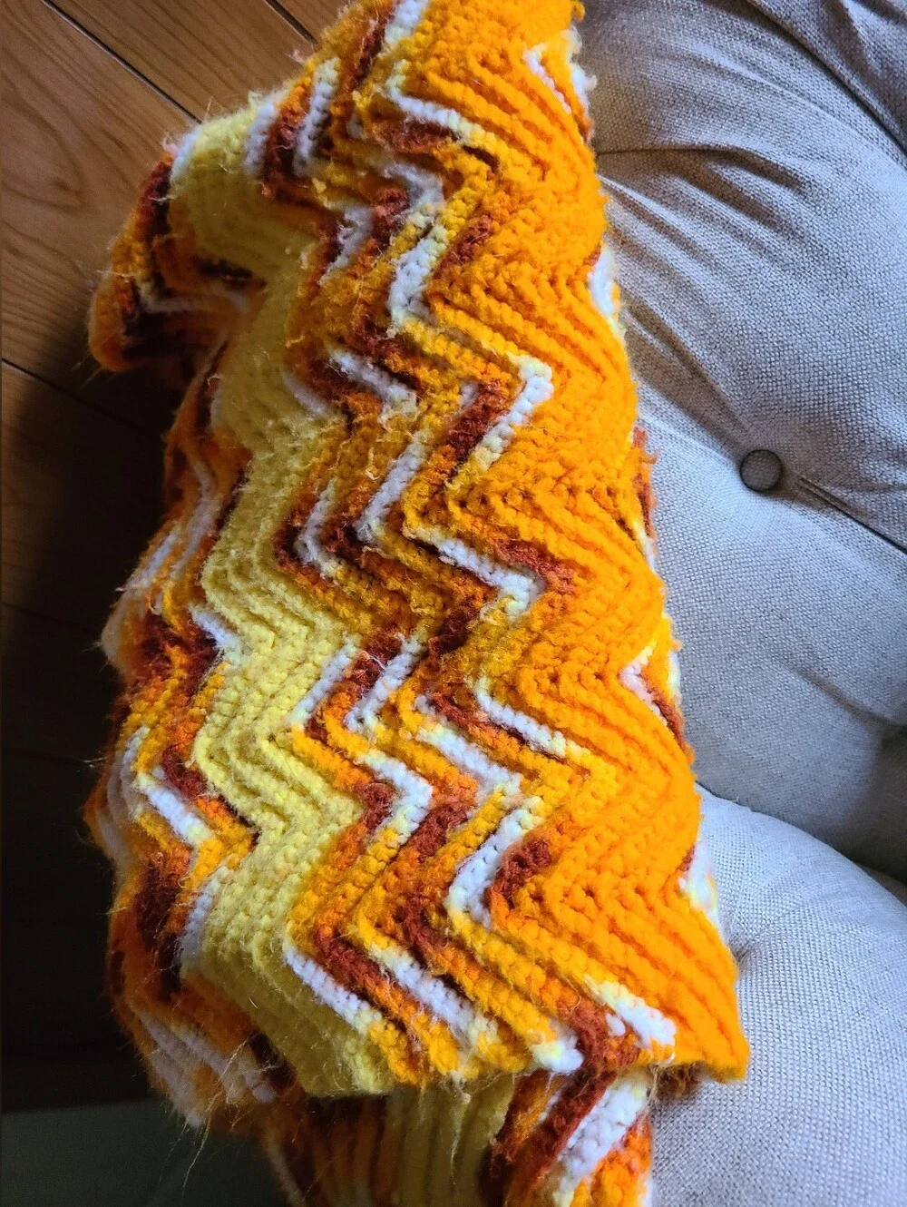 Handmade Chevron Knit Throw in Bright Yellow & Orange